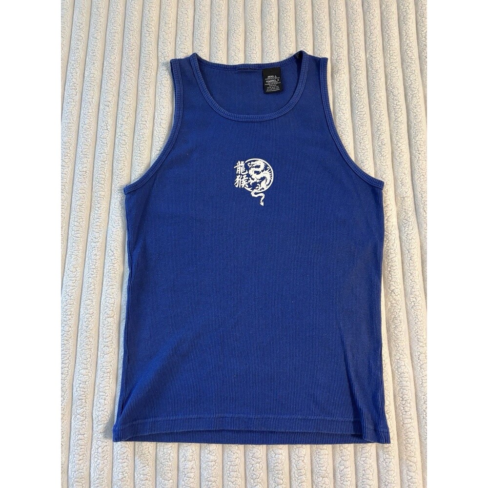 Vintage DRAGON Slim Fit Tank Top Mens Large Royal Blue Karate kid Grunge Tattoo